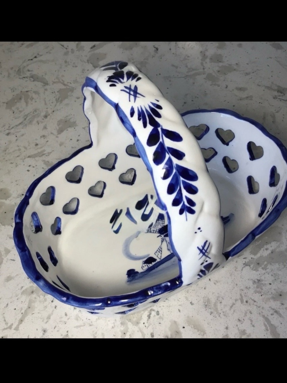 Delft Blue Handpainted Pierced Hearts Basket (Solvang) 8" x 5.5